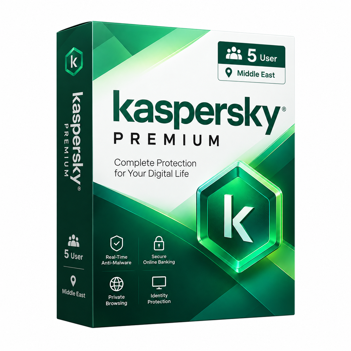 Kaspersky Premium 5 User Middle East Antivirus Software Box – Green and White Retail Packaging, Front Left Angle View, Advanced Internet Security and Digital Protection for 5 Users.