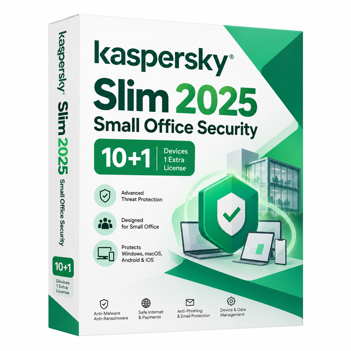 Kaspersky Slim 2025 Small Office Security 10+1 Antivirus Software Box – Green and White Packaging, Front Left Angle View, Advanced Business Security Protection for 10 Devices Plus 1 Extra License.