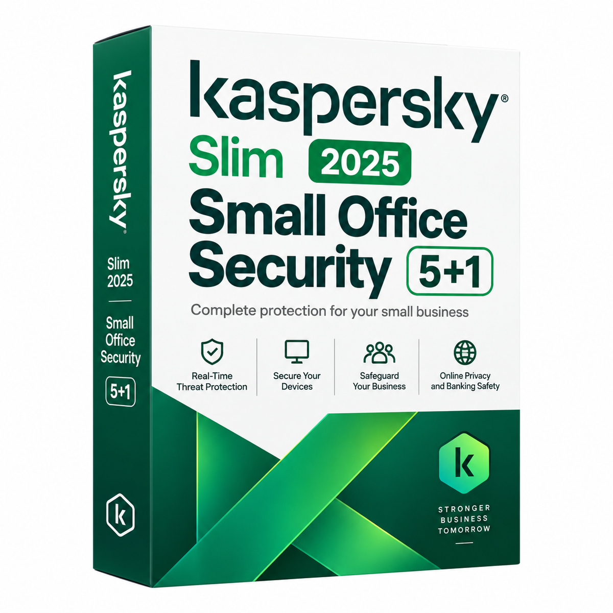 Kaspersky Slim 2025 Small Office Security 5+1 Software Box – Green and White Business Security Package, Front Left Angle View, Antivirus Protection for Small Office Devices.