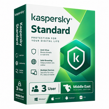 Kaspersky Standard 3 User Middle East Antivirus Software Box – Green and White Retail Packaging, Front Left Angle View, Internet Security for Multiple Devices.