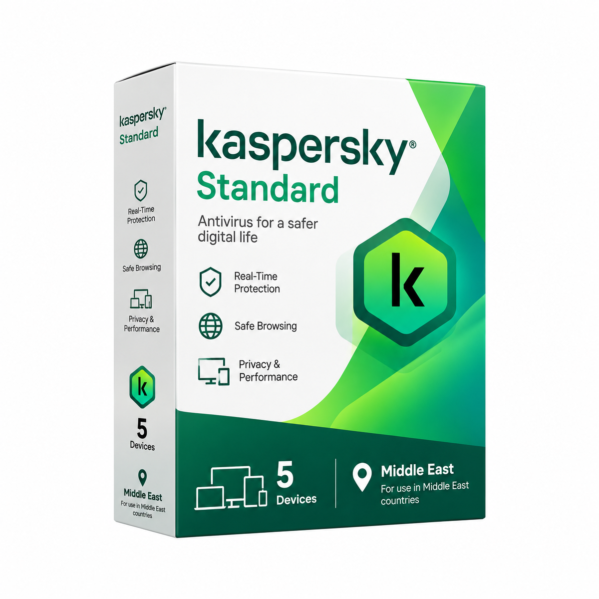 Kaspersky Standard 5 Devices Middle East Antivirus Software Box – Green and White Retail Packaging, Front Left Angle View, Internet Security Protection for 5 Devices.
