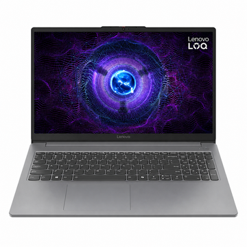 Lenovo LOQ 15IAX9E Luna Grey gaming laptop, rear bottom three-quarter view showing the LOQ logo, base panel and ventilation design