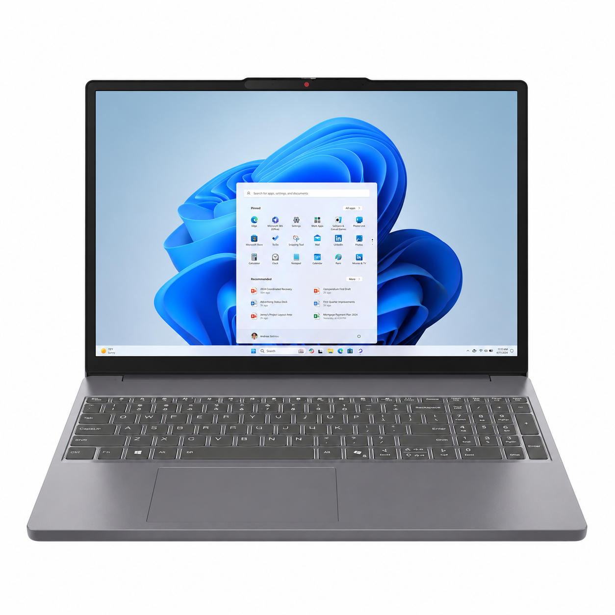 Lenovo IdeaPad Slim 3 15IRH8 Arctic Grey laptop, front view showing the 15.6-inch display, keyboard and numeric keypad