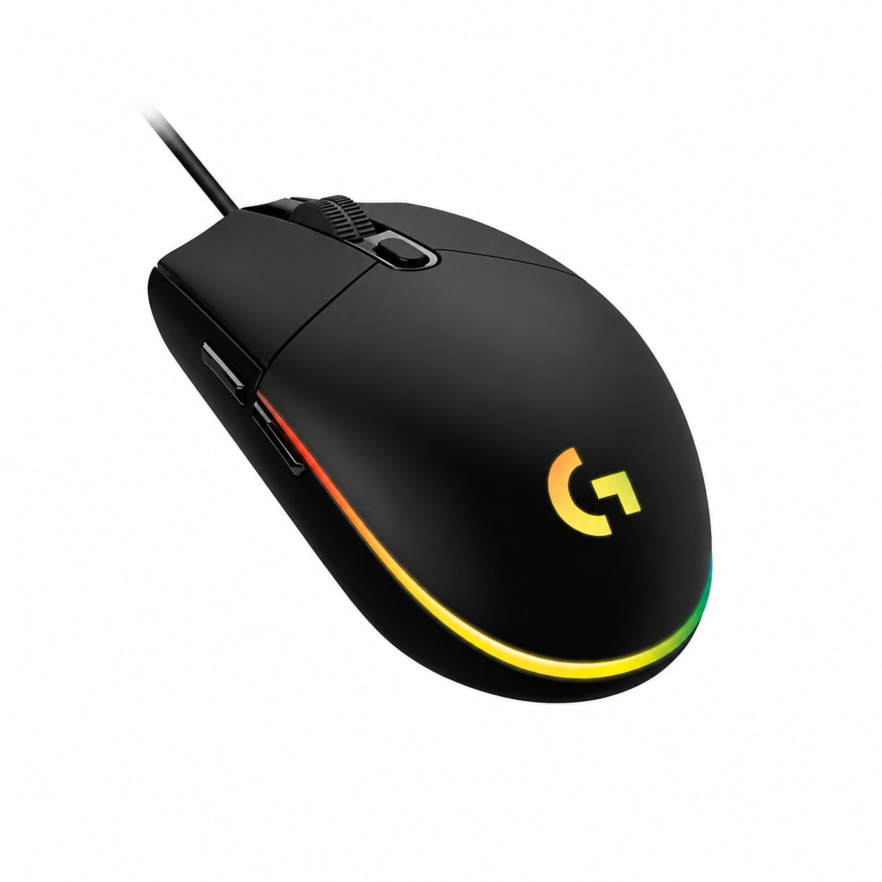 Logitech G102 LIGHTSYNC gaming mouse black angled front view showing the wired design, scroll wheel and RGB lighting strip