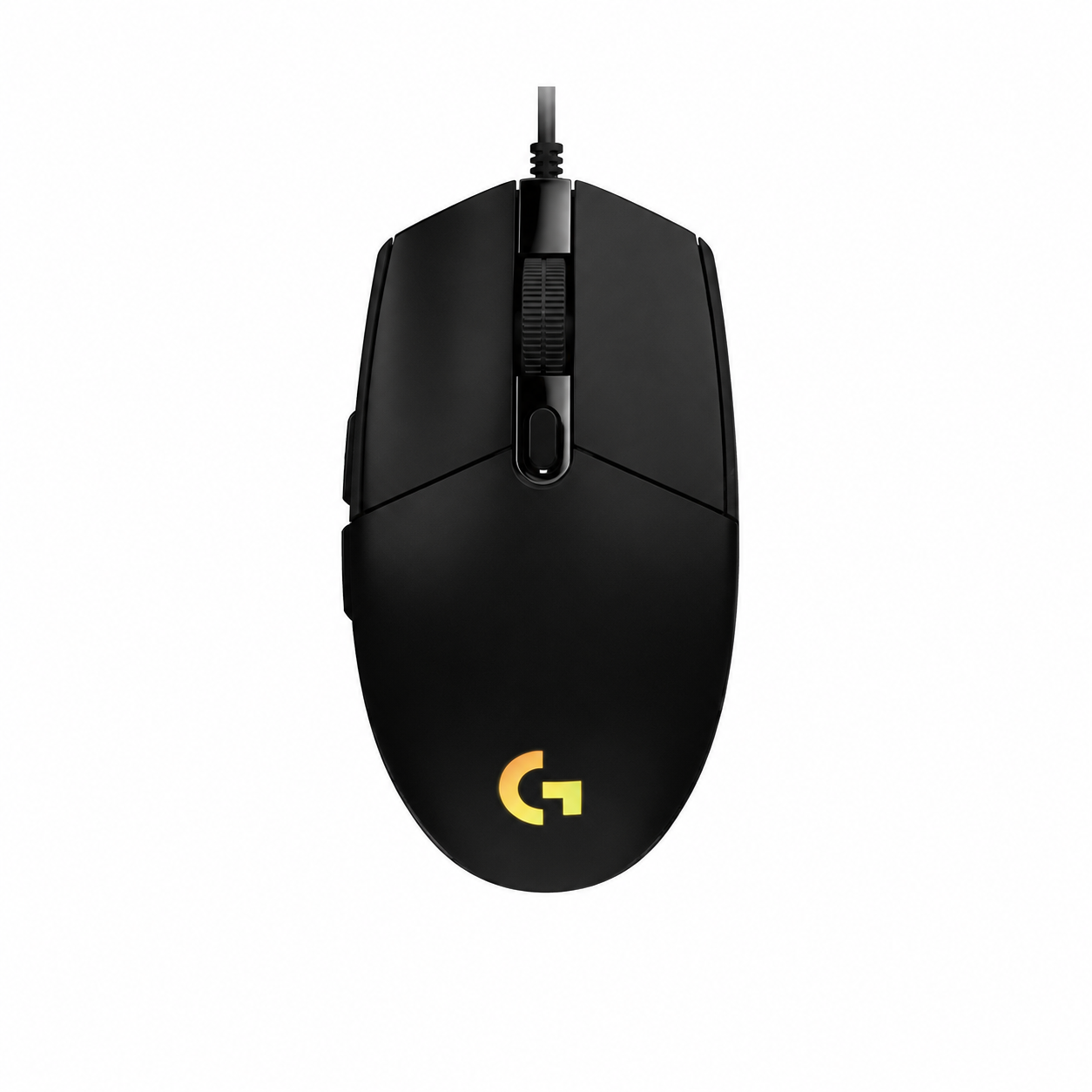 Logitech G102 LIGHTSYNC wired gaming mouse black top view showing the symmetrical shape, central scroll wheel and illuminated G logo