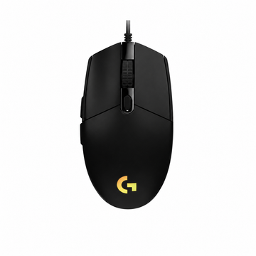 Logitech G102 LIGHTSYNC wired gaming mouse black top view showing the symmetrical shape, central scroll wheel and illuminated G logo