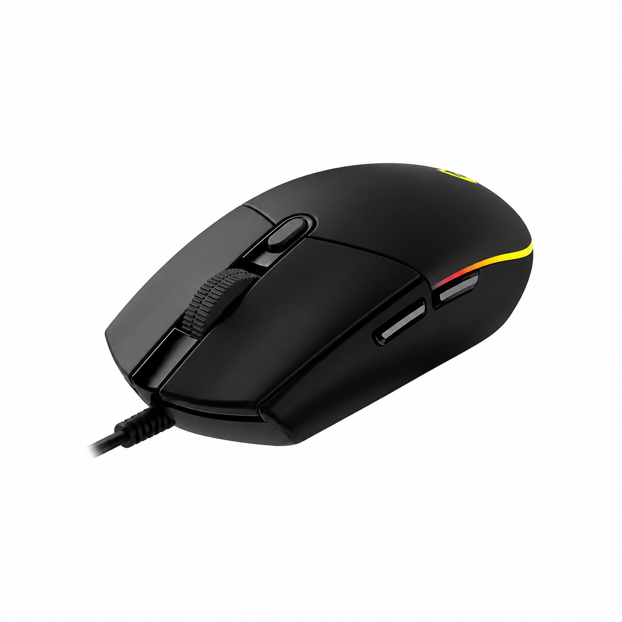 Logitech G102 LIGHTSYNC black gaming mouse angled side view showing the side buttons, wired USB connection and RGB edge lighting