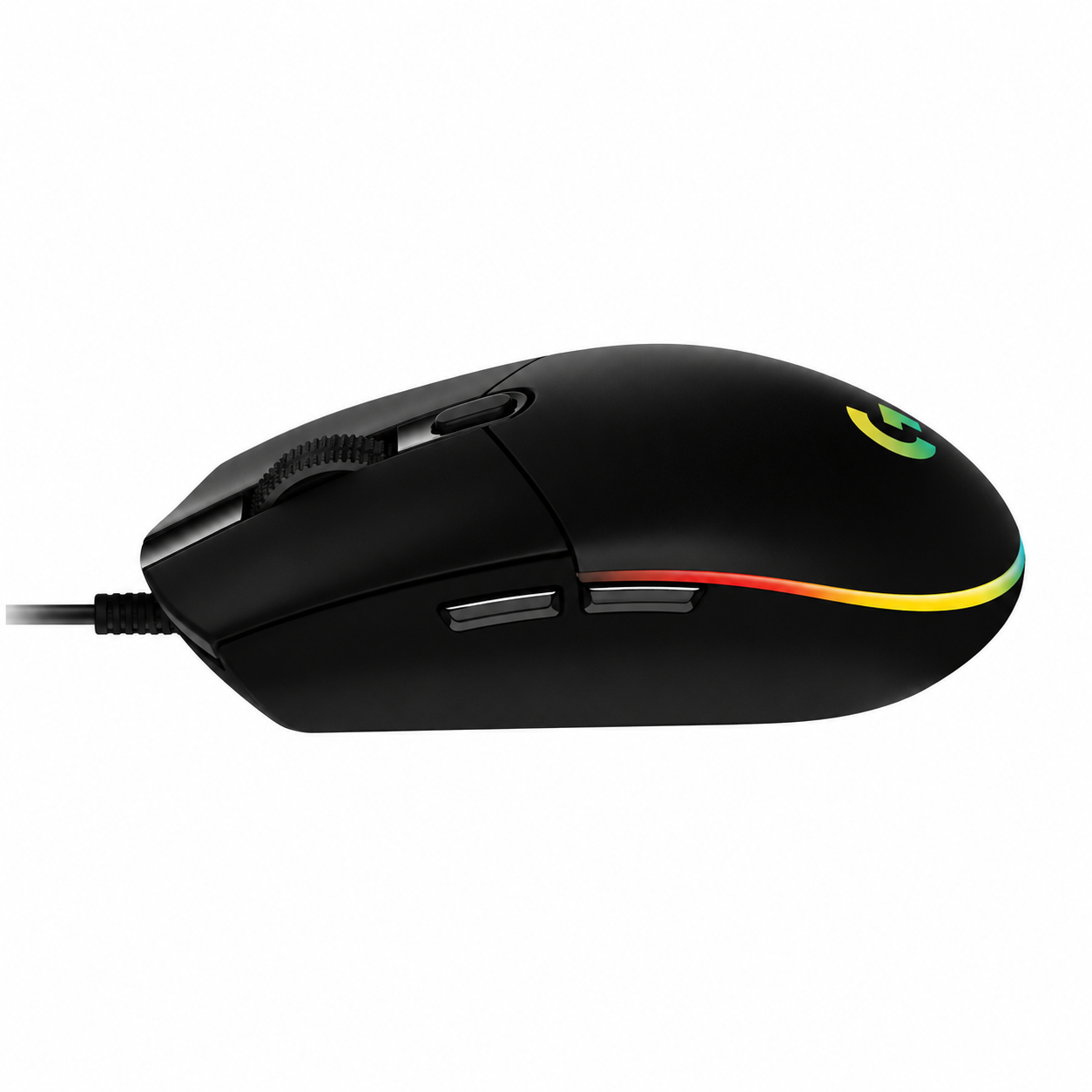 Logitech G102 LIGHTSYNC gaming mouse black opposite angled view highlighting the slim body, RGB lighting band and top button layout