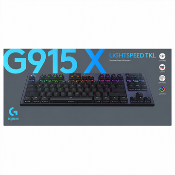 Logitech G915 X LIGHTSPEED TKL mechanical gaming keyboard retail box showing the black keyboard with RGB lighting