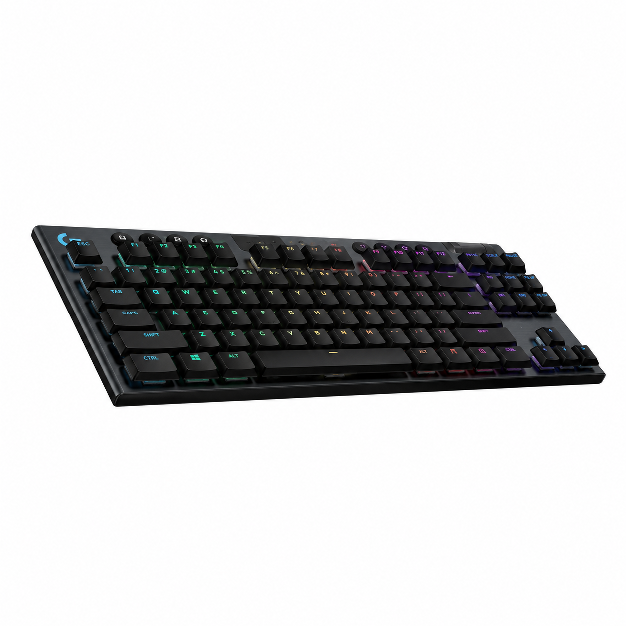 Logitech G915 X LIGHTSPEED TKL mechanical gaming keyboard angled view highlighting the slim low-profile black design and RGB backlighting