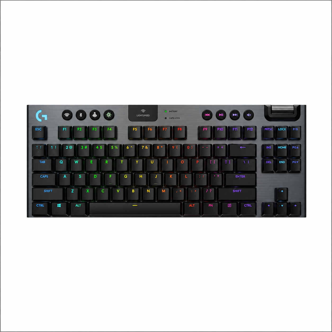 Logitech G915 X LIGHTSPEED TKL wireless mechanical gaming keyboard top view showing the compact black layout and LIGHTSYNC RGB keys