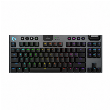 Logitech G915 X LIGHTSPEED TKL wireless mechanical gaming keyboard top view showing the compact black layout and LIGHTSYNC RGB keys