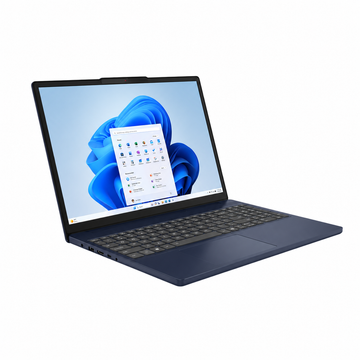 Lenovo IdeaPad Slim 3 15IRH10 Cosmic Blue laptop angled front view showing slim design, keyboard and Windows 11 display.