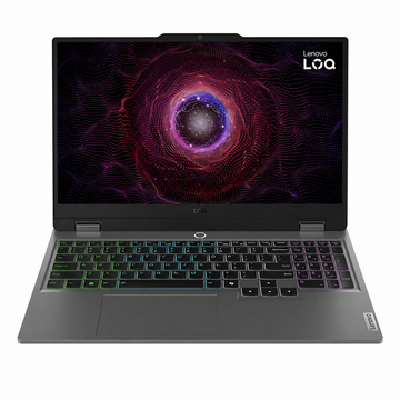 Lenovo LOQ 15ARP9 gaming laptop in Luna Grey, front view with RGB backlit keyboard and 15.6-inch display