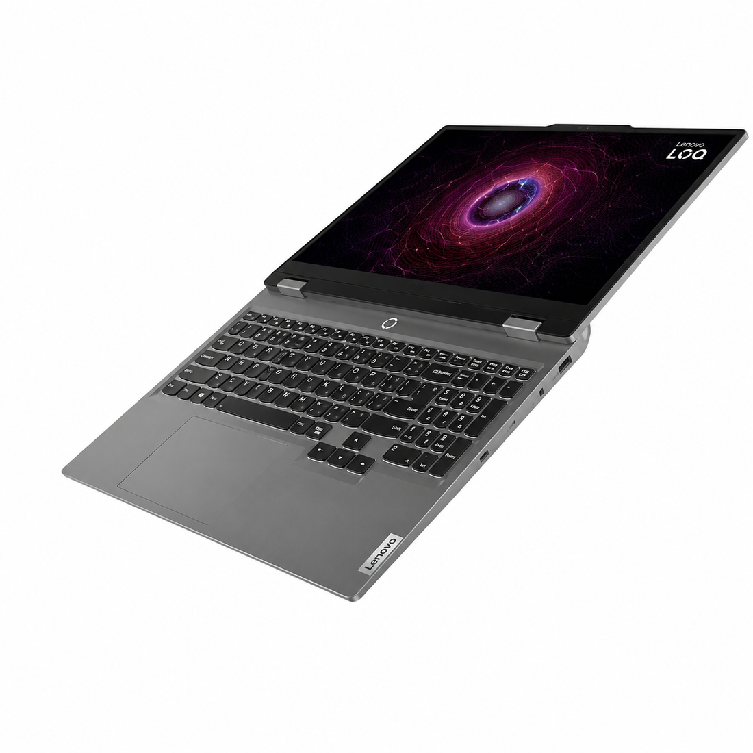 Lenovo LOQ 15ARP9 gaming laptop in Luna Grey, front view with RGB backlit keyboard and 15.6-inch display
