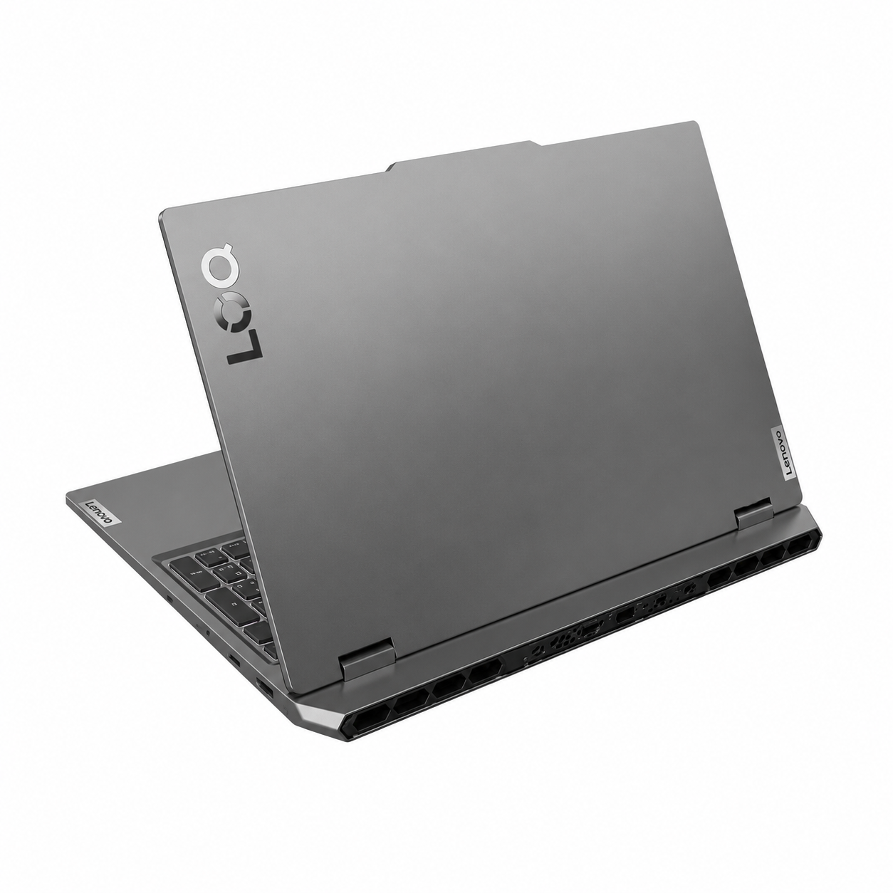 Lenovo LOQ 15ARP9 gaming laptop in Luna Grey, angled open view showing keyboard and display