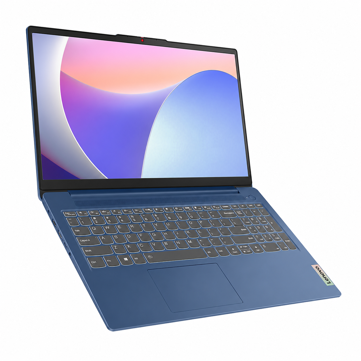 Lenovo IdeaPad Slim 3 15IRU8 blue laptop angled front view with 15.6-inch Full HD display and numeric keyboard