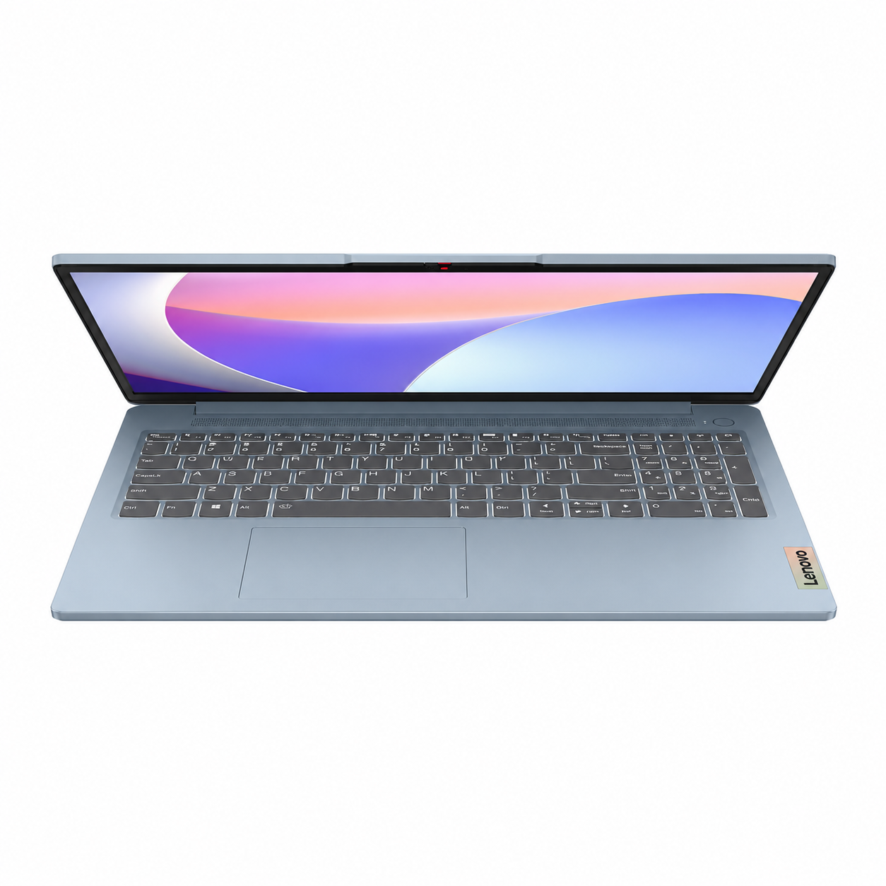 Lenovo IdeaPad Slim 3 15IRU8 blue laptop front view with display keyboard numeric keypad and centered touchpad