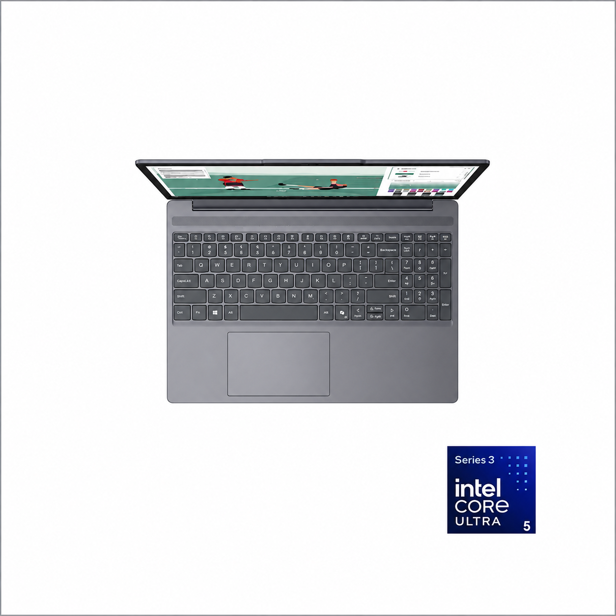 Lenovo IdeaPad Slim 3 Luna Grey laptop top view showing keyboard layout and Intel Core Ultra badge.