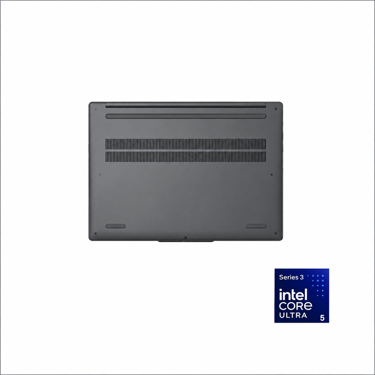 Lenovo IdeaPad Slim 3 Luna Grey laptop bottom view showing ventilation grille and slim chassis design.