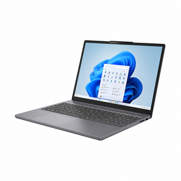 Lenovo IdeaPad Slim 3 15IPH11 Luna Grey laptop angled front view showing slim design and Windows 11 display.