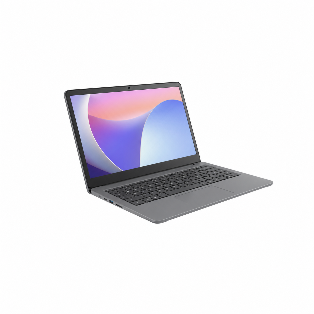 Lenovo IdeaPad Slim 3 Luna Grey laptop angled front view showing slim design, keyboard and display.