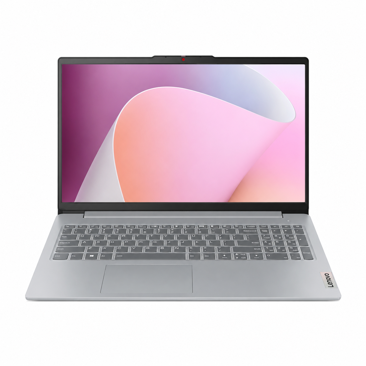 Lenovo IdeaPad Slim 3 Luna Grey laptop front view showing full keyboard and 15.3-inch display.