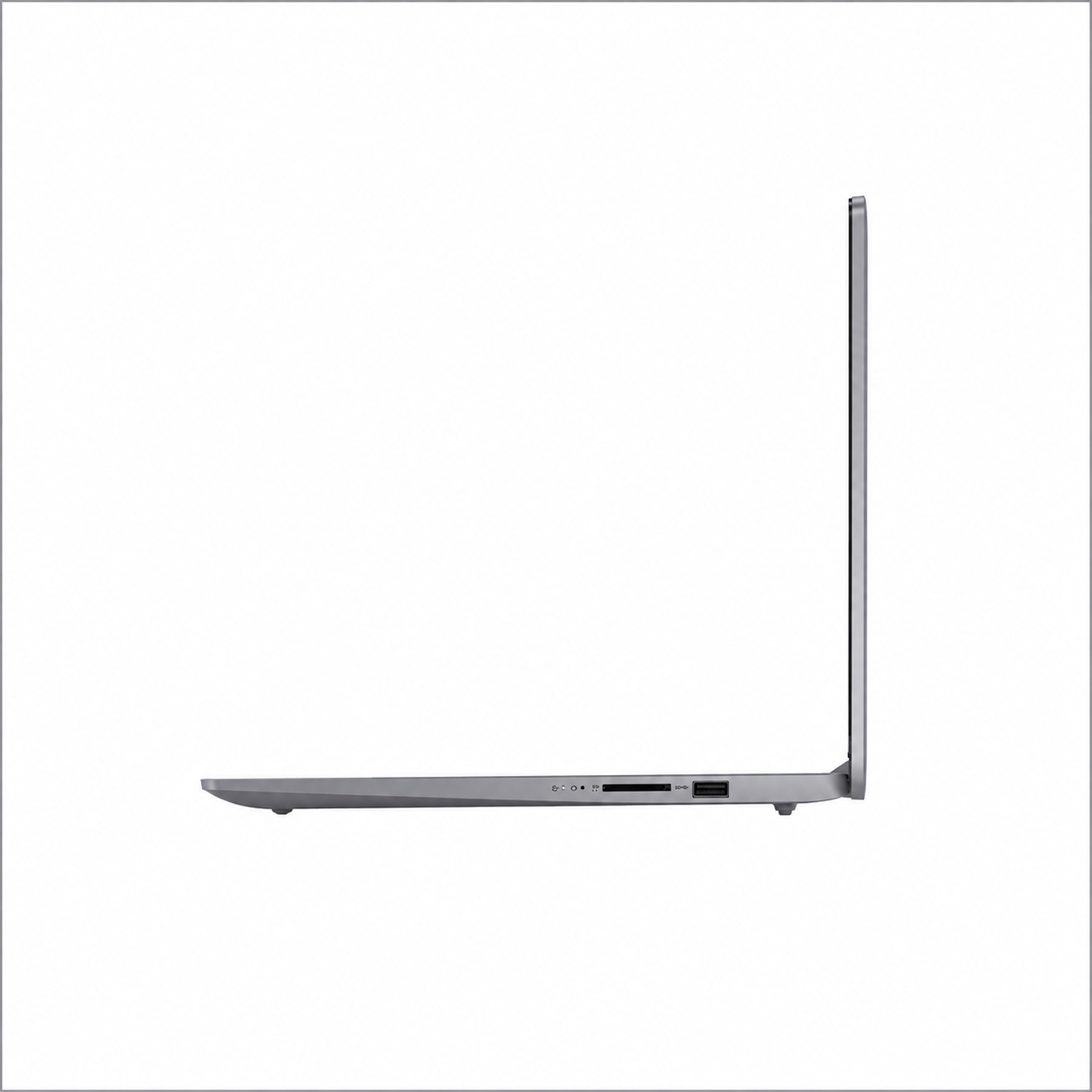 Lenovo IdeaPad Slim 3 Luna Grey laptop left side profile showing slim chassis and connectivity ports.