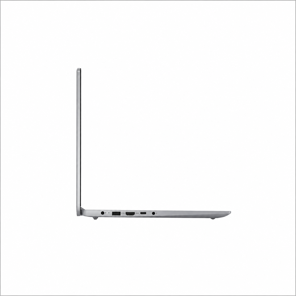 Lenovo IdeaPad Slim 3 Luna Grey laptop right side profile showing thin portable design and side ports.