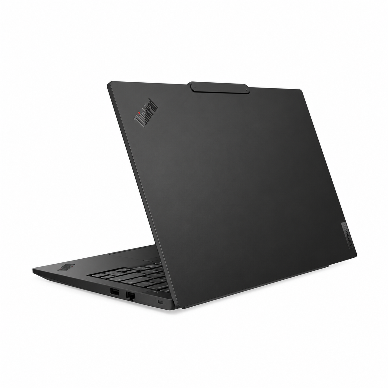 Lenovo ThinkPad E14 Gen 7 black laptop rear three-quarter view showing ThinkPad lid and side ports