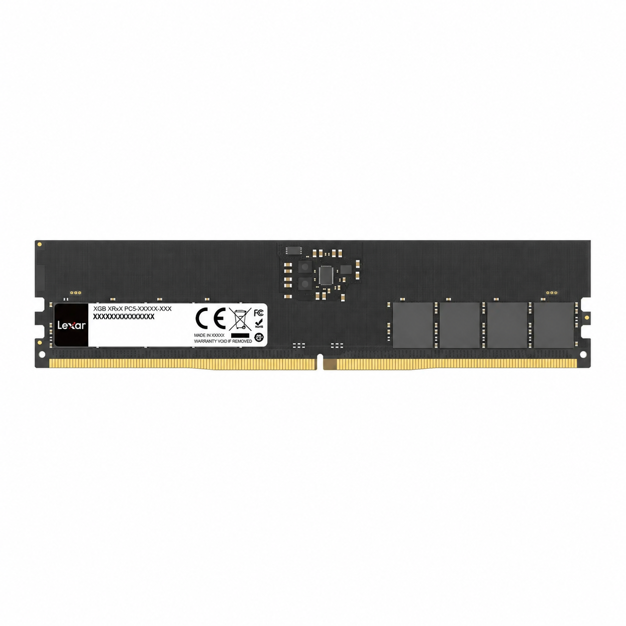 Lexar 16GB DDR5 5600MT/s UDIMM desktop RAM label side view showing the memory module and gold connector pins