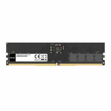 Lexar 16GB DDR5 5600MT/s UDIMM desktop RAM label side view showing the memory module and gold connector pins