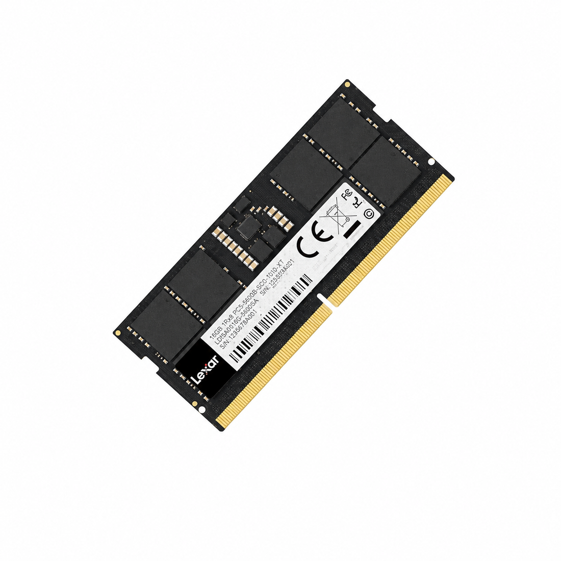 Lexar 16GB DDR5 5600MT/s SO-DIMM laptop memory module front view with product label and gold connector pins
