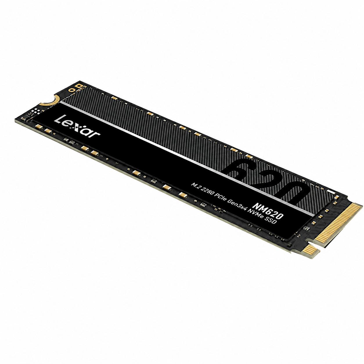 Lexar NM620 512GB NVMe SSD close-up showing M.2 connector and product label