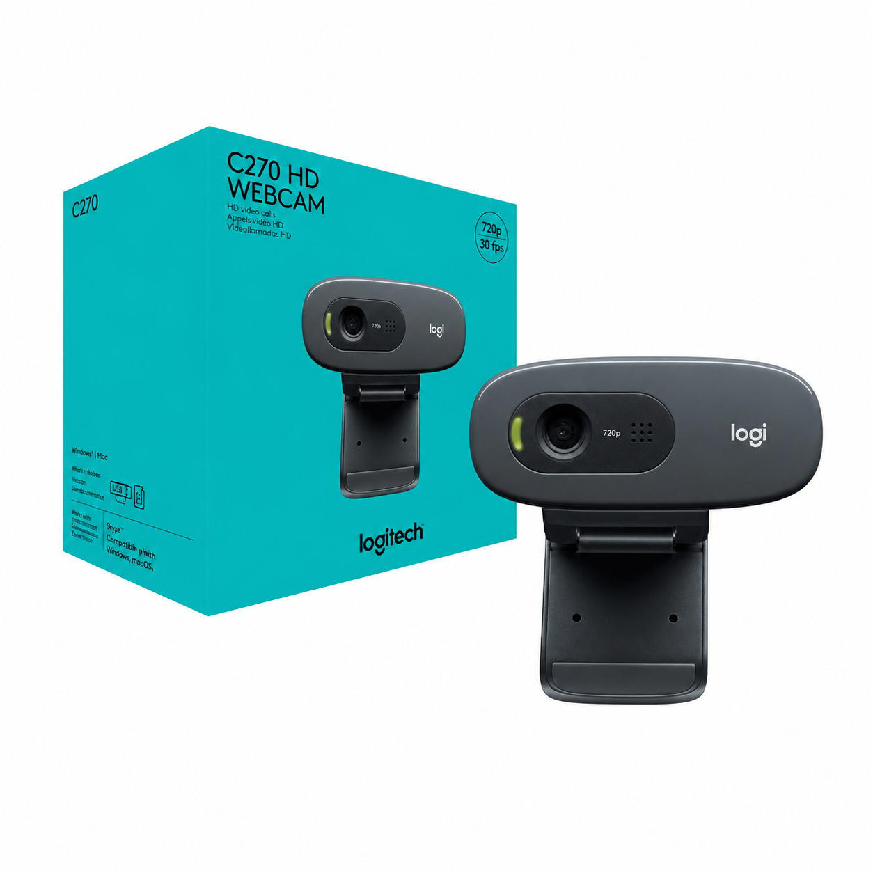 Logitech C270 HD webcam shown with retail packaging highlighting the compact camera and monitor mounting clip
