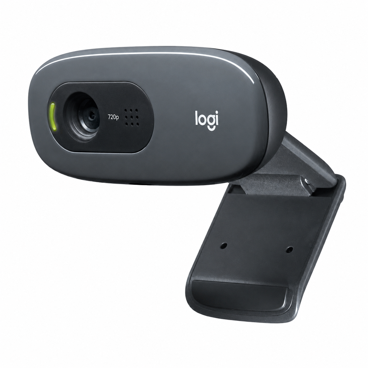 Logitech C270 HD webcam front angled view showing the camera lens, built-in microphone area and adjustable clip mount