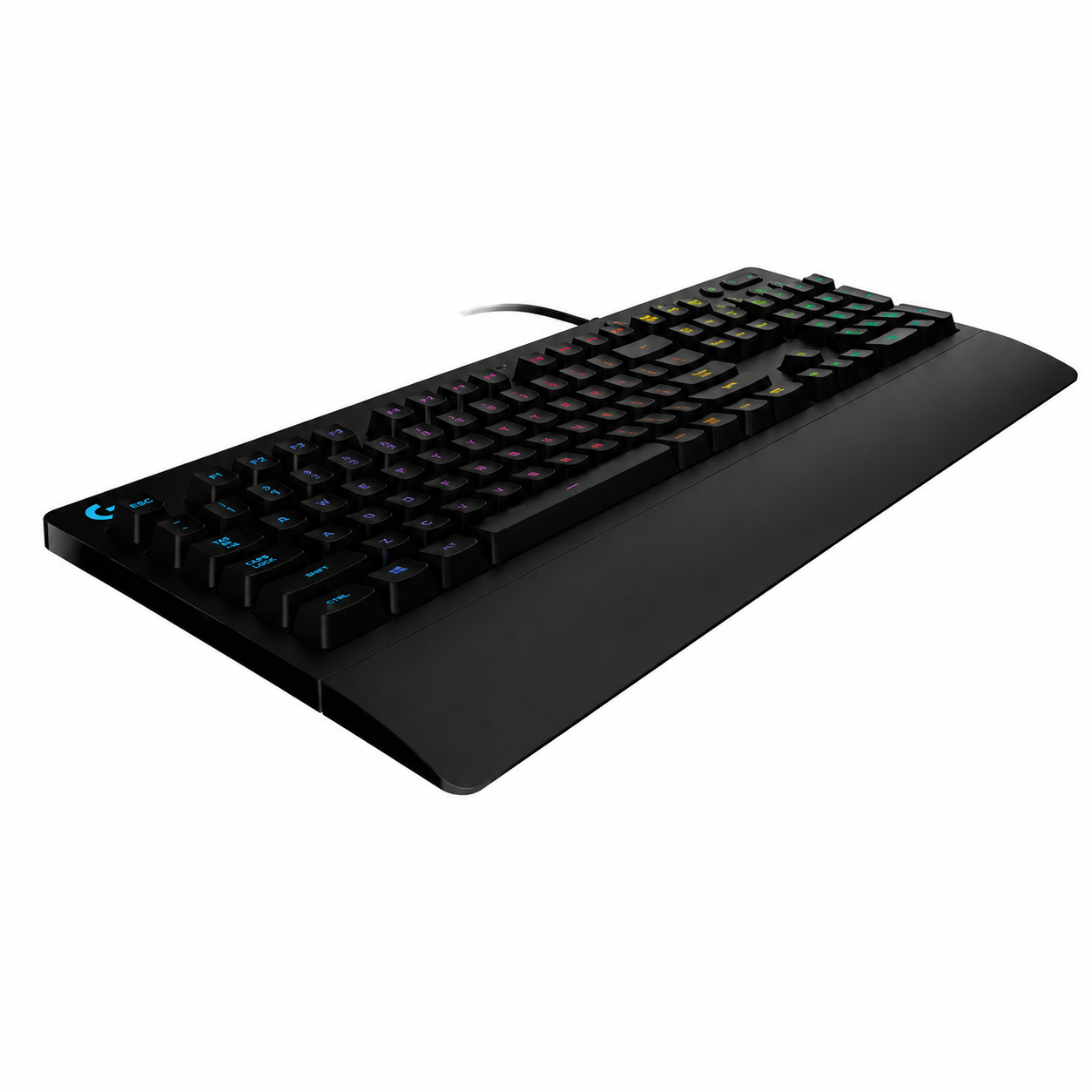 Logitech G213 Prodigy wired gaming keyboard angled side view with integrated palm rest