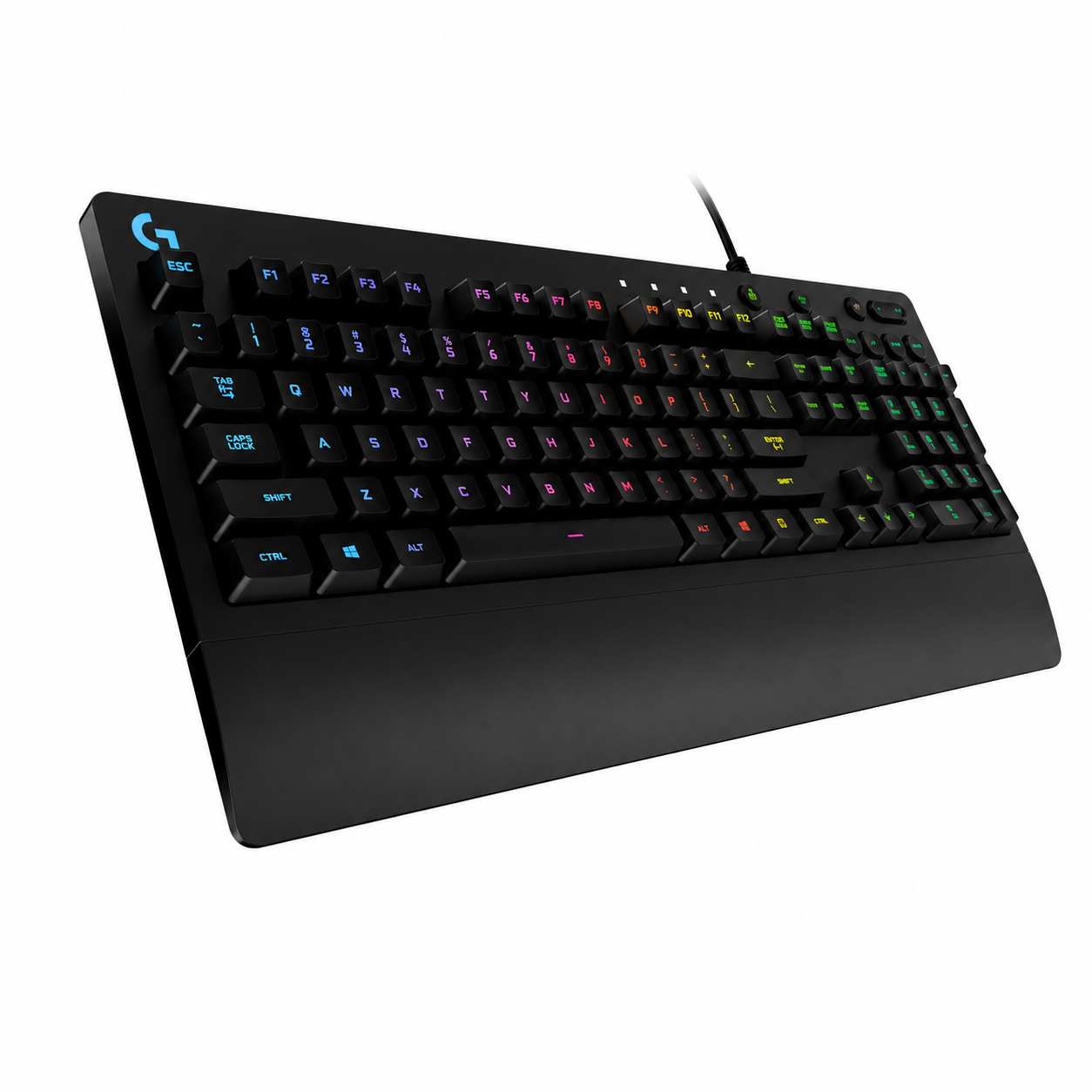 Logitech G213 Prodigy wired gaming keyboard angled side view 