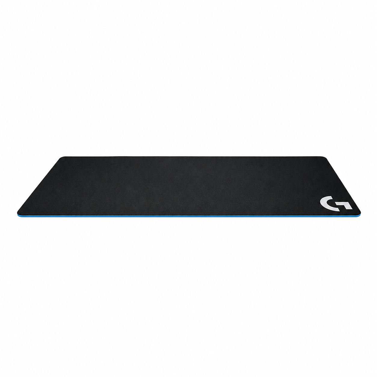 Logitech G240 cloth gaming mouse pad angled view showing the large black fabric surface and Logitech G logo
