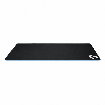 Logitech G240 cloth gaming mouse pad angled view showing the large black fabric surface and Logitech G logo
