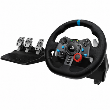 Logitech G29 Driving Force racing wheel and pedal set angled view showing the steering wheel, paddle shifters and three-pedal unit