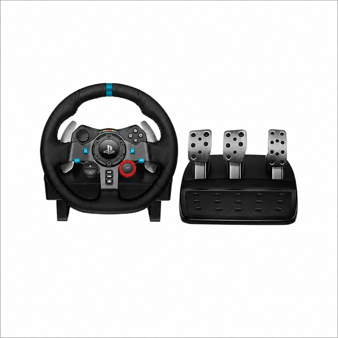 Logitech G29 Driving Force racing wheel and 3-pedal set front view showing the leather steering wheel, control buttons and accelerator brake clutch pedals