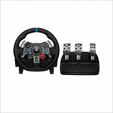 Logitech G29 Driving Force racing wheel and 3-pedal set front view showing the leather steering wheel, control buttons and accelerator brake clutch pedals