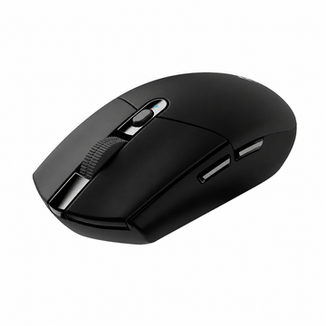Logitech G305 LIGHTSPEED black gaming mouse angled side view