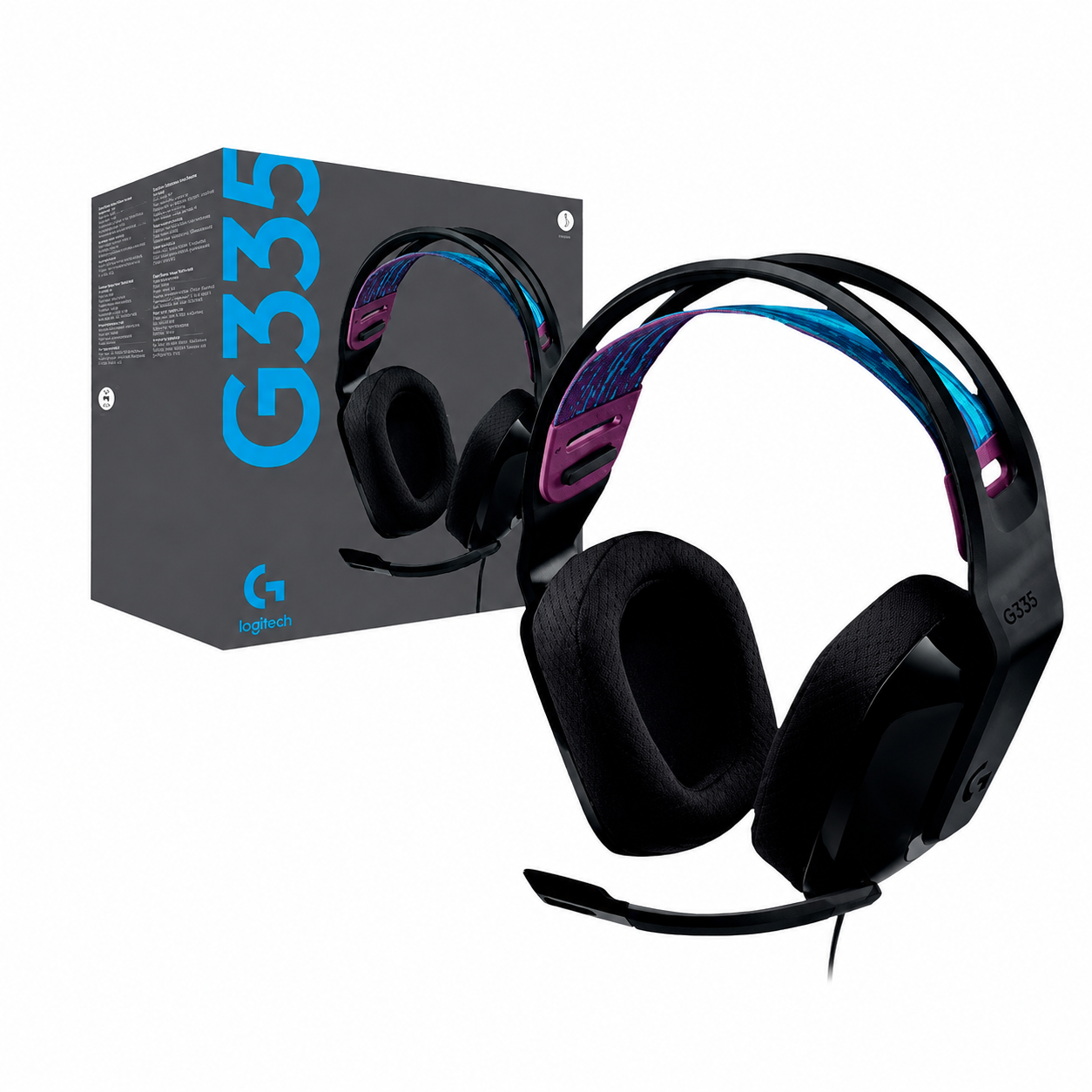 Logitech G335 wired gaming headset black shown with retail packaging, adjustable suspension headband, large ear cushions and boom microphone