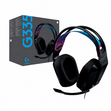 Logitech G335 wired gaming headset black shown with retail packaging, adjustable suspension headband, large ear cushions and boom microphone