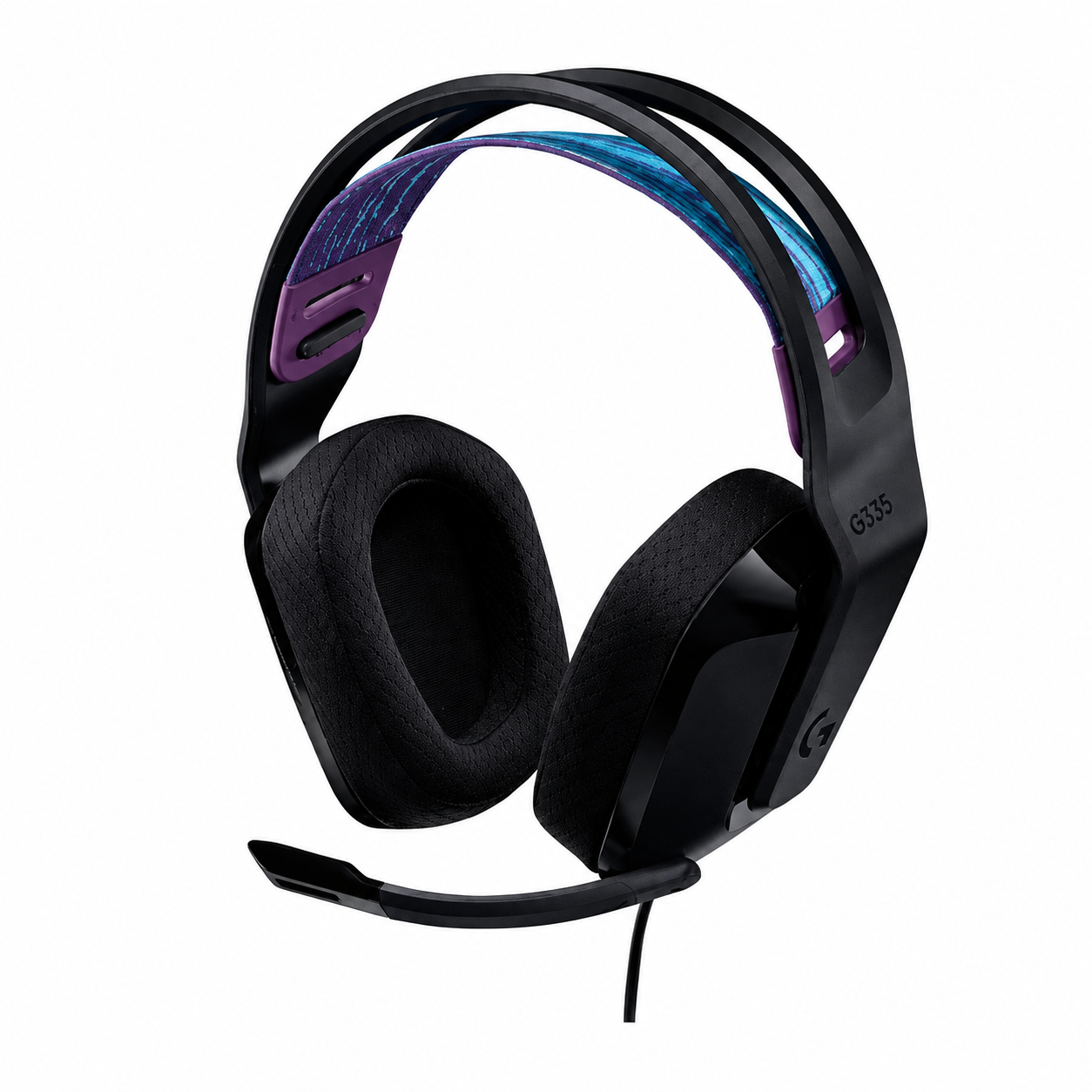 Logitech G335 wired gaming headset black front angled view showing the over-ear cushions, suspension headband and flip-to-mute microphone