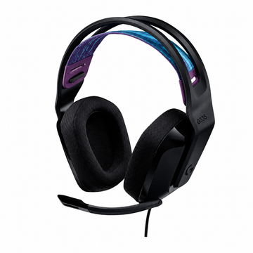 Logitech G335 wired gaming headset black front angled view showing the over-ear cushions, suspension headband and flip-to-mute microphone