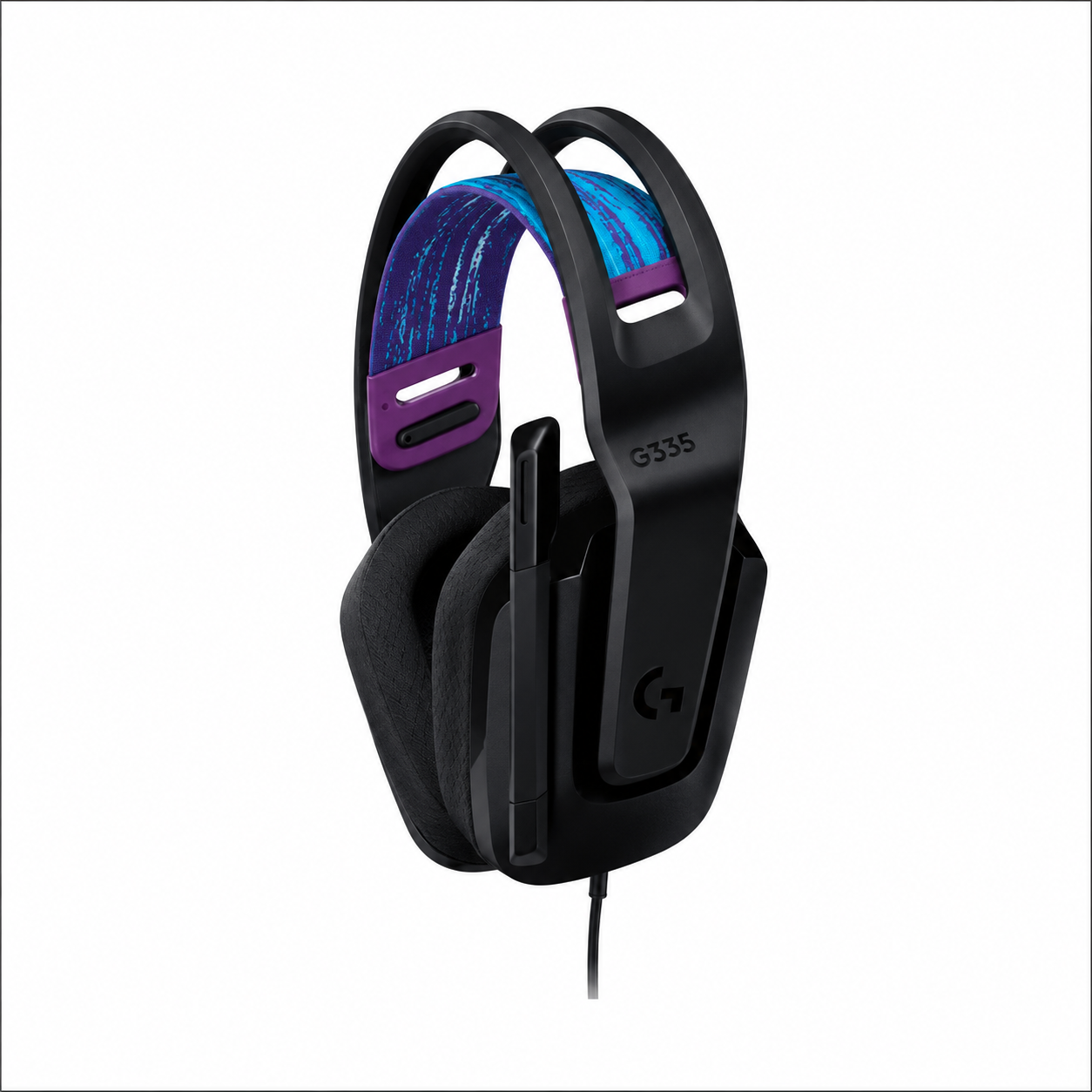 Logitech G335 gaming headset black rear angled view highlighting the lightweight frame, adjustable headband strap and wired connection