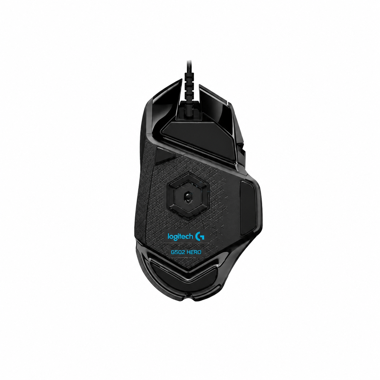Rear view of Logitech G502 HERO black wired gaming mouse showing the curved gaming mouse body and cable entry point.